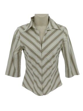 Y2K Heart Moon Star Junior Small Beige Chevron Stripe Collared Shirt Top Blouse